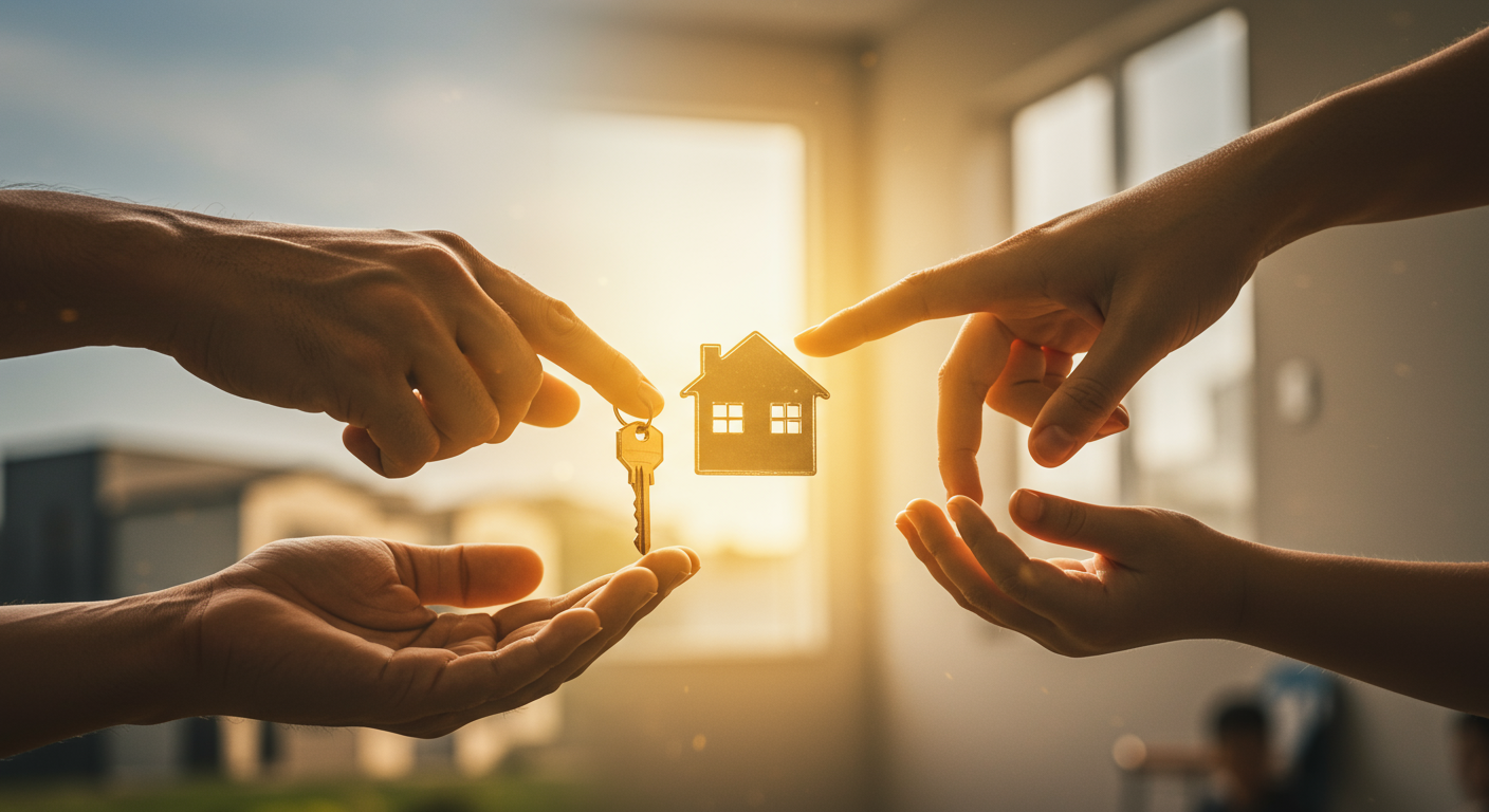 Hands exchanging a house key and a child's hand